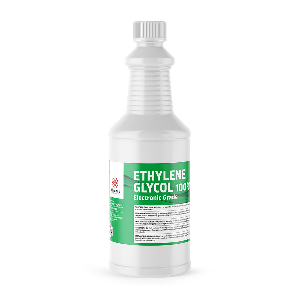 1-quart white HDPE bottle of Electronic Grade Ethylene Glycol 100%, Alliance Chemical brand, green-labeled with safety instructions.
